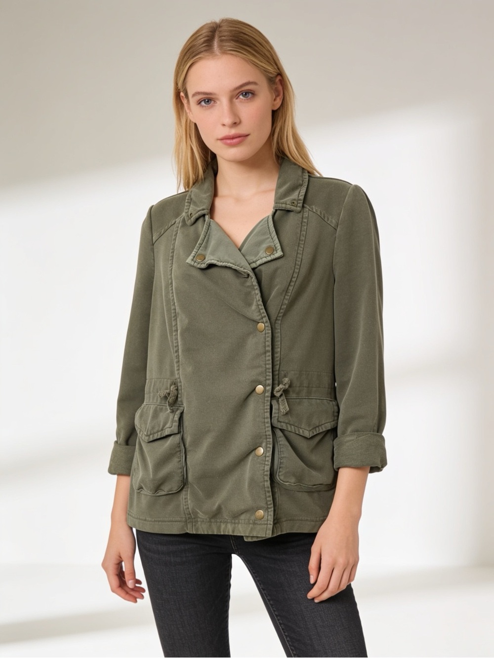 Saturday Sunday Anthropologie Olive Green Utility Jacket Cargo Drawstring Medium
